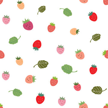 Seamless Pattern of Strawberry and Leaf Design on White Background