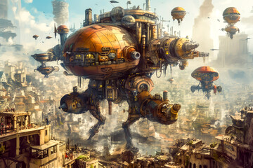 a giant steampunk robot over the city, generative ai