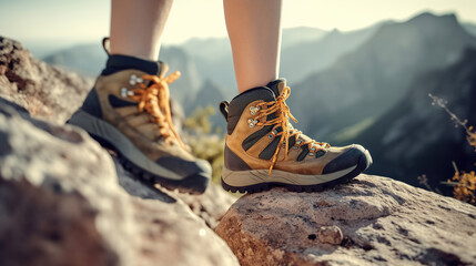 Female hiker legs with modern trekking and climbing boots on a rock in mountains. Generative AI