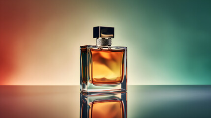 Perfume bottle product shot: close-up in a studio setting with warm, colorful lighting and a soft blurred background. Created with Generative AI Technology.