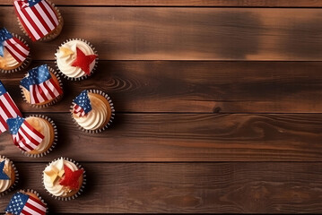 Cupcake decorated with american flag for happy Independence Day 4th july background. Holidays table top view. Generative AI - obrazy, fototapety, plakaty