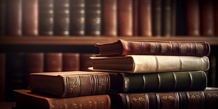 Banner or header image with stack of antique leather books in library. Literature or reading concept. AI generative