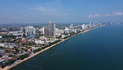 Aerial view of Jomtien beach, located in Pattaya, a resort city near Bangkok, Thailand.
