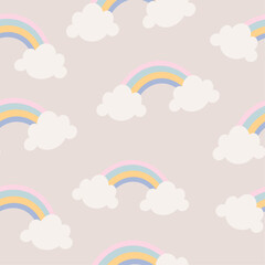 light pastel seamless pattern with cute rainbows and clouds for children