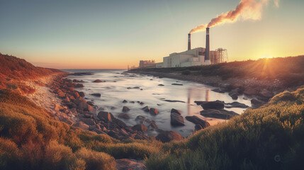 Power station on the coast at sunrise. Global warming concept with colour toning. Generative AI - obrazy, fototapety, plakaty