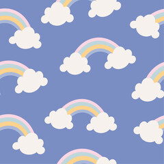 blue pastel seamless pattern with cute rainbows and clouds