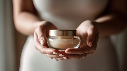 close up of a woman holding a grass container with moisturizer cream
