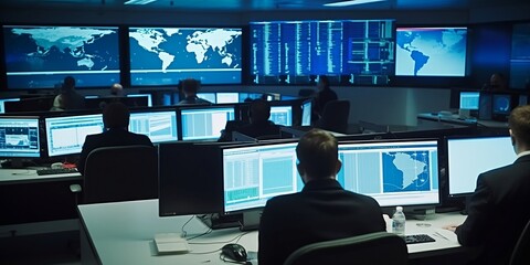 Interior of security operations centre. Secret intelligence service featuring screens and monitors, people in silhouettes monitoring activity of criminals. Specialists of cia. AI digital illustration. - obrazy, fototapety, plakaty