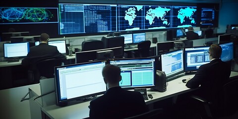Interior of security operations centre. Secret intelligence service featuring screens and monitors, people in silhouettes monitoring activity of criminals. Specialists of cia. AI generative. - obrazy, fototapety, plakaty