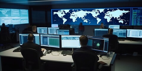 Interior of security operations centre. Secret intelligence service featuring screens and monitors, people in silhouettes monitoring activity of criminals. Specialists of cia. Generative AI. - obrazy, fototapety, plakaty