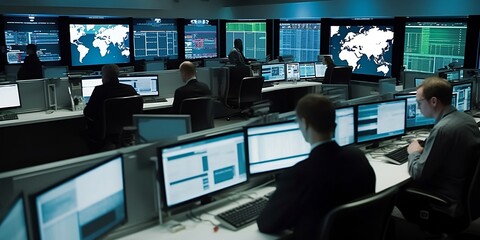 Interior of security operations centre. Secret intelligence service featuring screens and monitors, people in silhouettes monitoring activity of criminals. Specialists of cia. AI generative - obrazy, fototapety, plakaty