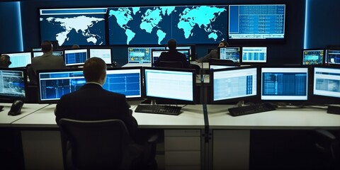 Interior of security operations centre. Secret intelligence service featuring screens and monitors, people in silhouettes monitoring activity of criminals. Specialists of cia. Generative AI - obrazy, fototapety, plakaty