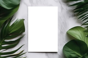 mock up blank white card, green tropical leaves on marble background as botanical frame flat lay, wedding invitation and holiday branding, Generated AI