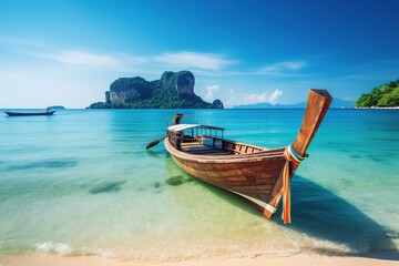 Fototapeta na wymiar Thai traditional wooden longtail boat at tropical beach, rock in the background. Generated AI
