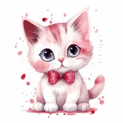 cute watercolor pink kitten with bow, clipart isolated on white background. Generated AI