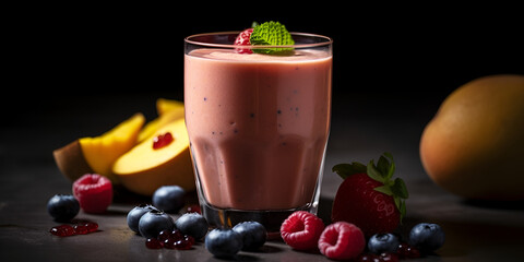 Refreshing fruit smoothie poured into a transparent glass against background, banana, kiwi, strawberry, raspberry and blueberry smoothies. Generative AI
