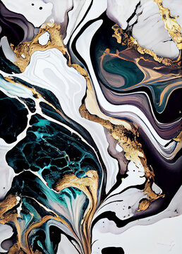 Abstract ink texture, black & white & gold paint background with marble pattern. Alcohol ink colors translucent. High resolution. Generative AI