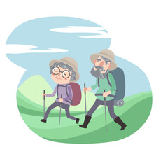 family walking, the elderly hiking ,exercises , 