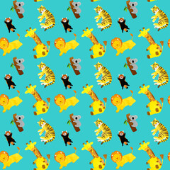 かわいいアニマルのシームレスパターン　手描き水彩イラストのゆるい動物柄