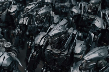 Fototapeta na wymiar Top view of Great Army of metal robot soldiers. War of the future. Generative AI