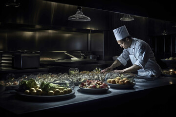 The private dining room of a Michelin-starred restaurant was the setting for an exclusive chef's table experience, with a long table set in front of the open kitchen. Generative AI