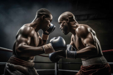 Fototapeta na wymiar Two boxers in the ring fight each other. Generative AI
