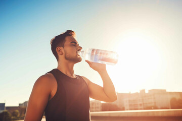 Man drinking water after his workout in the sun. Generative AI - obrazy, fototapety, plakaty