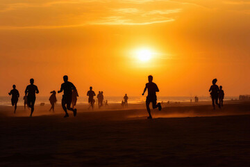 Fototapeta na wymiar People run with a sunset. Generative AI