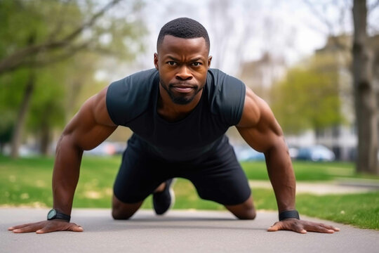 Fitness, stretching and black man in park for workout, training or running motivation, energy and sports mindset. Generative AI