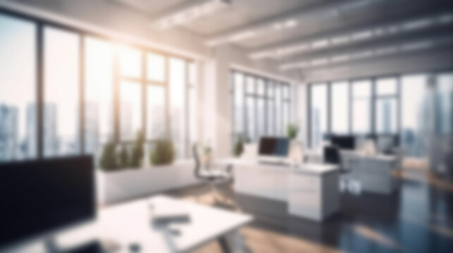 Blurred workplace with cityscape, office in the morning or afternoon, interior for AI generated business presentation background