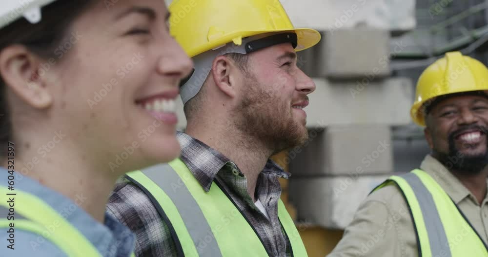 Poster Collaboration, construction and an engineering team laughing together while working on a project. Meeting, building or planning with an engineer, architect and technician talking while happy on site