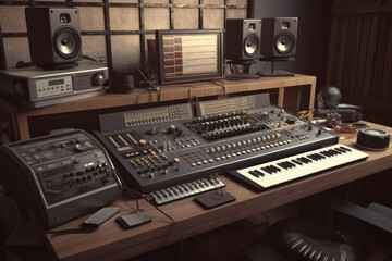 Fototapeta na wymiar music production table desk, generative ai
