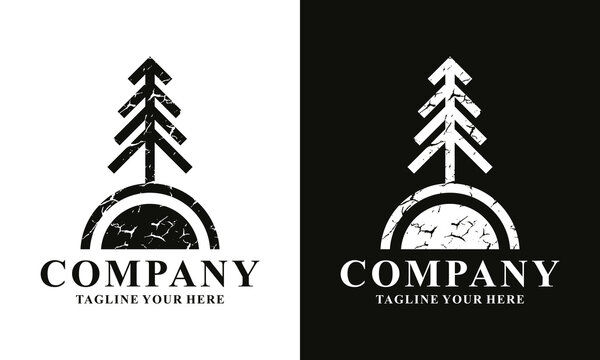 pine spruce fir and pine trees forest vintage retro hipster line art Logo Design. on a black and white background.