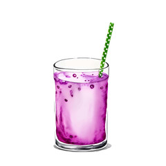 Glass cocktail or soft soda drink isolated on white background. Hand drawn watercolor and illustration.