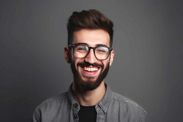 Closeup portrait of happy bearded caucasian guy wearing glasses laughing at camera over grey studio background. Generative AI
