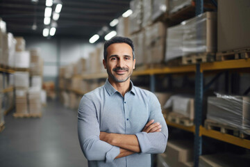 Confident smiling young warehouse entrepreneur looking at camera with his arms crossed. Generative AI