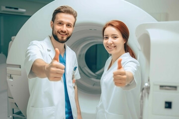 Obraz premium Male radiologist and female patient showing thumbs up near CT scanner in hospital. Generative AI