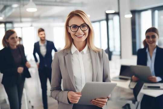 Portrait of positive female executive holding a laptop standing in office with colleagues working in background. Generative AI