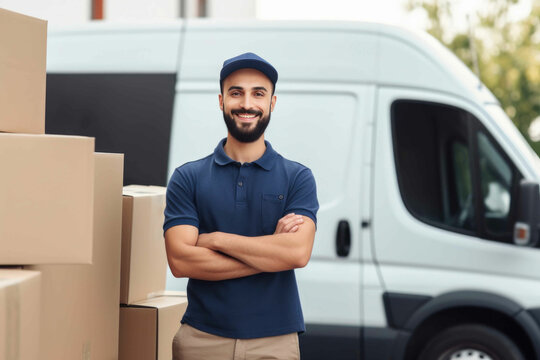 Portrait of caucasian courier delivering parcel box to recipient. Generative AI