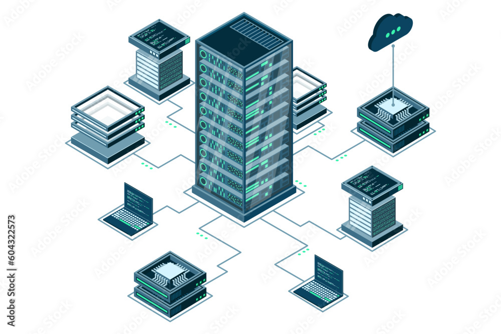 Poster computer technology isometric illustration. computation of big data center. cloud computing. online 