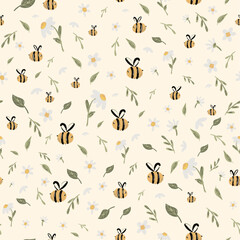 Bee honey pattern Bee seamless pattern daisy floral Cute hand drawn summer meadow flowers, Hand drawn templates. Kids fabric design. Summer illustration. Floral sweet bees print. vector pattern
