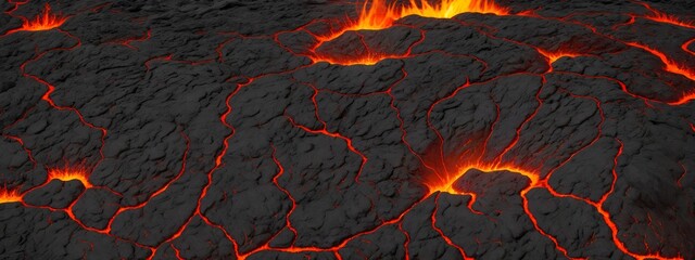 Seamless lava pattern with small stones, texture for graphic design. Realistic lava flame on black ash background. Texture of molten magma surface. Abstract volcanic lava background. Generative AI