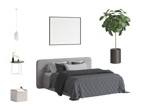 Set of isolated bedroom furniture 8. Perspective. Bed with pillows, gray knitted blanket on a quilted bedspread, round bedside table, pendant, gray sideboard, blank poster, ficus tree on pot.3d render