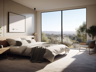 Mountain house bedroom interior with natural mountain forest scenery outside the window