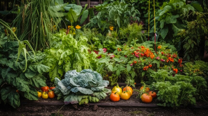 an orchard of many vegetables, close up, generative ai