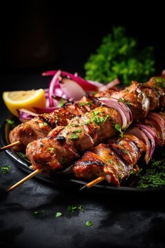 Grilled meat skewers, shish kebab. Juicy and tasty grilled shashlik. Generative AI