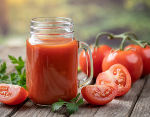 Glass of nutritious tomato juice and fresh tomatoes