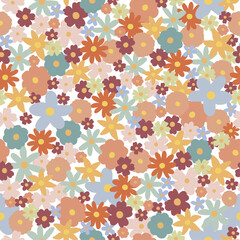 Fototapeta na wymiar Trendy floral vector pattern illustration. vintage 70s style flowers. Colorful nature color groovy artwork, garden nature with spring plants. groovy retro seamless pattern with flowers.