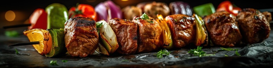 Grilled meat skewers, shish kebab. Juicy and tasty grilled shashlik. Generative AI