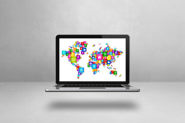 World Map made of icons on a laptop screen